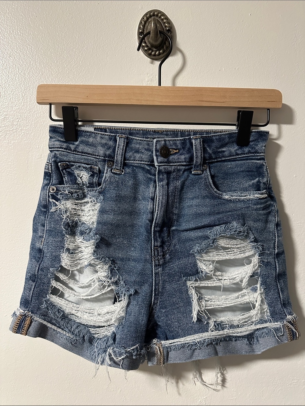 American Eagle Outfitters Ripped Medium Blue Denim Jean Shorts
